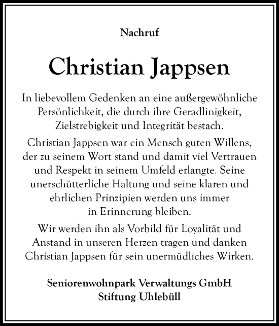 Traueranzeige von Christian Jappsen von Husumer Nachrichten, Nordfriesland Tageblatt