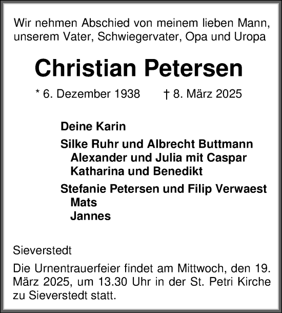 Traueranzeige von Christian Petersen von Flensburger Tageblatt, Schleswiger Nachrichten, Schlei-Bote