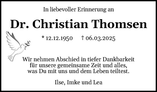 Traueranzeige von Christian Thomsen von Husumer Nachrichten, Nordfriesland Tageblatt