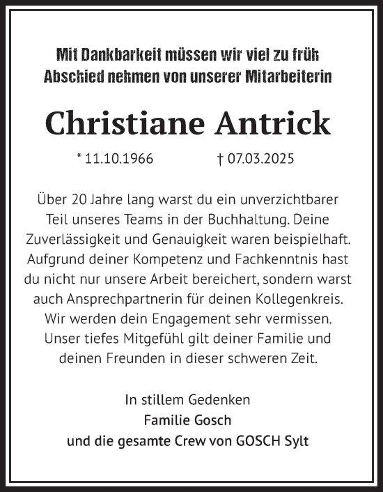 Traueranzeige von Christiane Antrick von Sylter Rundschau