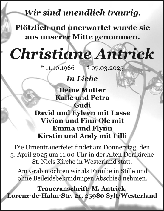 Traueranzeige von Christiane Antrick von Sylter Rundschau