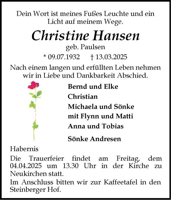 Traueranzeige von Christine Hansen von Region Flensburg