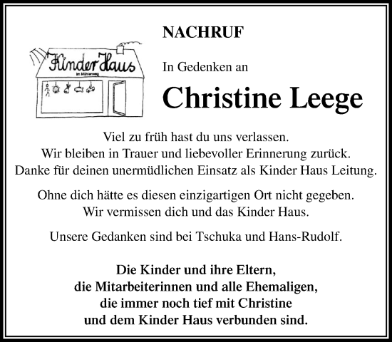 Traueranzeige von Christine Leege von Heimatspiegel