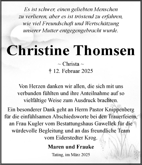 Traueranzeige von Christine Thomsen von Husumer Nachrichten, Nordfriesland Tageblatt