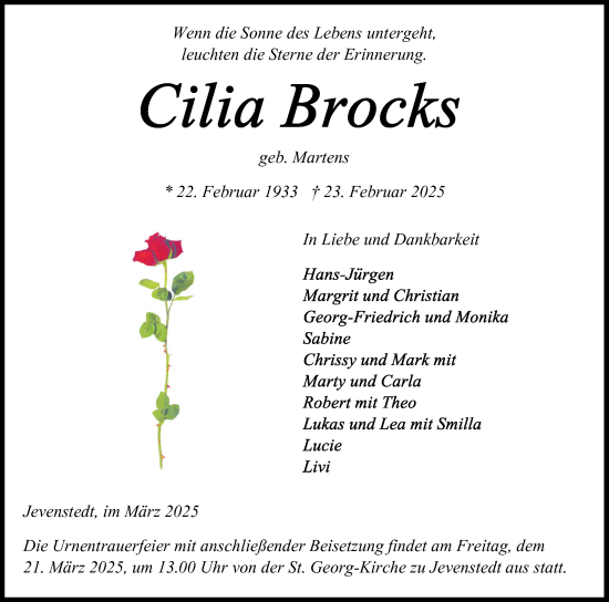 Traueranzeige von Cilia Brocks von Schleswig-Holsteinische Landeszeitung