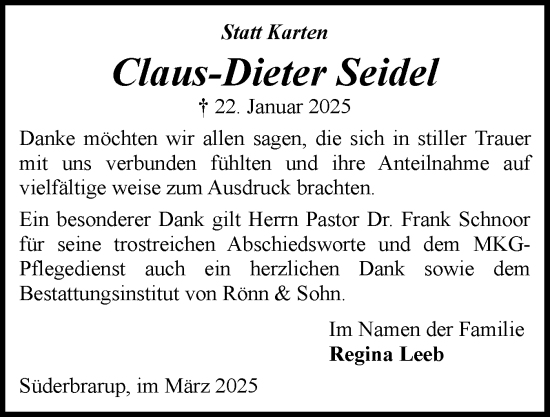 Traueranzeige von Claus-Dieter Seidel von Schleswiger Nachrichten, Schlei-Bote