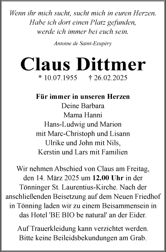 Traueranzeige von Claus Dittmer von Husumer Nachrichten, Nordfriesland Tageblatt