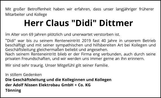 Traueranzeige von Claus Dittmer von Husumer Nachrichten, Nordfriesland Tageblatt