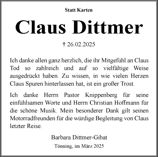 Traueranzeige von Claus Dittmer von Husumer Nachrichten, Nordfriesland Tageblatt