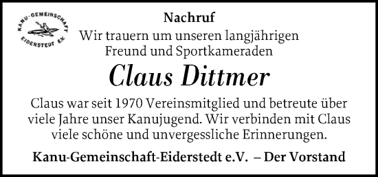 Traueranzeige von Claus Dittmer von Husumer Nachrichten, Nordfriesland Tageblatt
