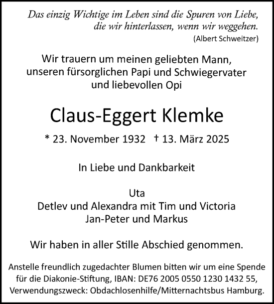Traueranzeige von Claus-Eggert Klemke von Wedel-Schulauer Tageblatt, tip Wedel-Schulauer Tageblatt, tip Rissener Rundschau