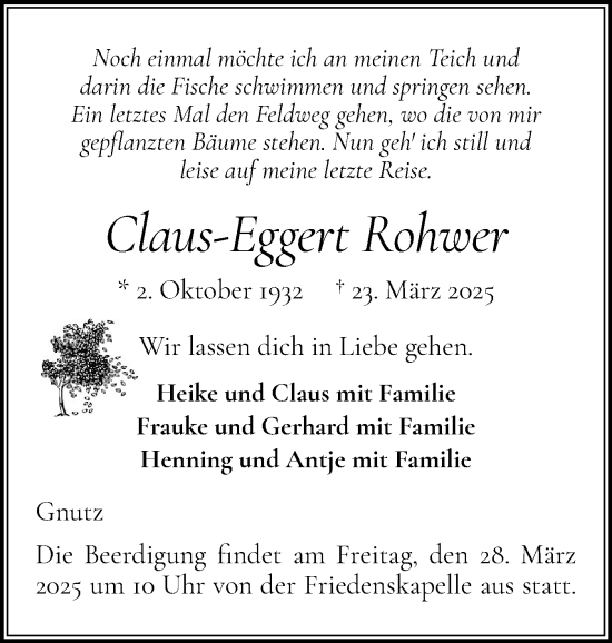 Traueranzeige von Claus-Eggert Rohwer von Schleswig-Holsteinische Landeszeitung
