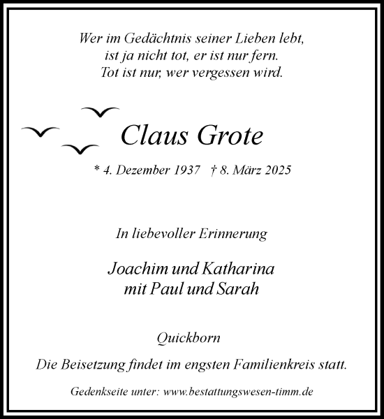 Traueranzeige von Claus Grote von Umschau