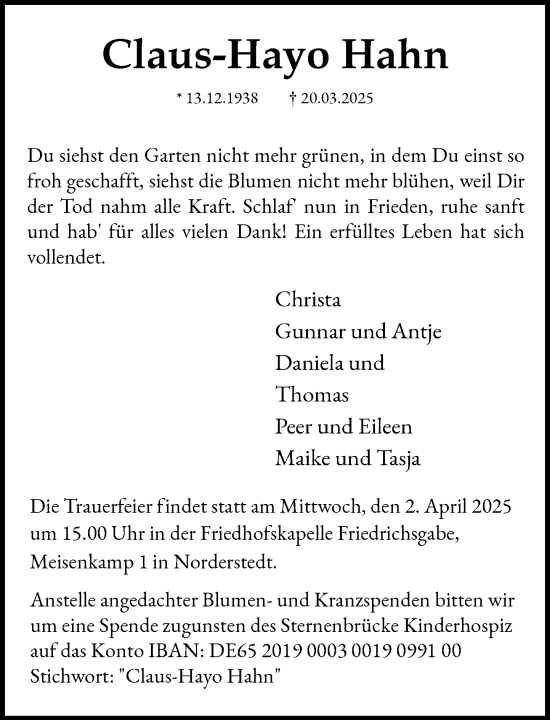 Traueranzeige von Claus-Hayo Hahn von Heimatspiegel