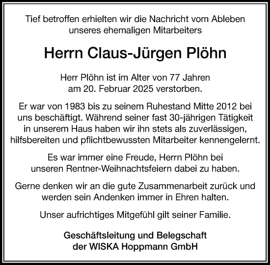 Traueranzeige von Claus-Jürgen Plöhn von Umschau