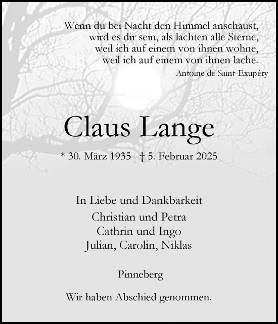 Traueranzeige von Claus Lange von Region Pinneberg und tip Pinneberg