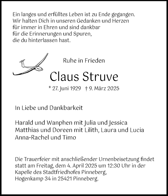Traueranzeige von Claus Struve von Region Pinneberg und tip Pinneberg