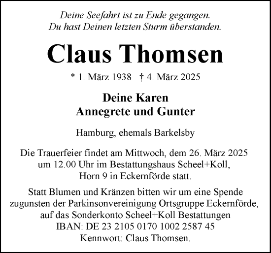Traueranzeige von Claus Thomsen von Eckernförder Zeitung, Hallo Eckernförde