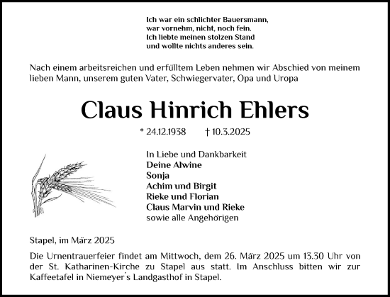 Traueranzeige von Claus Hinrich Ehlers von Schleswig-Holsteinische Landeszeitung