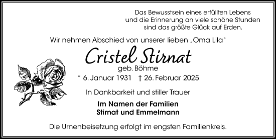 Traueranzeige von Cristel Stirnat von Umschau