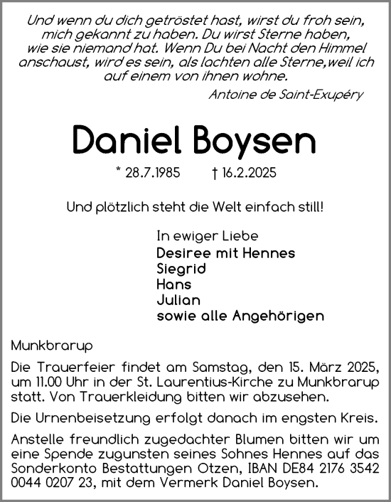 Traueranzeige von Daniel Boysen von Flensburger Tageblatt
