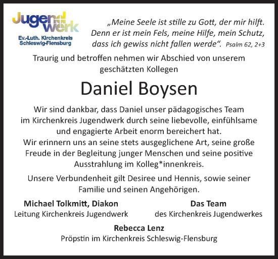 Traueranzeige von Daniel Boysen von Flensburger Tageblatt