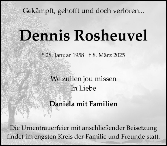 Traueranzeige von Dennis Rosheuvel von MARKT Bad Oldesloe/Reinfeld und Stormarner Tageblatt