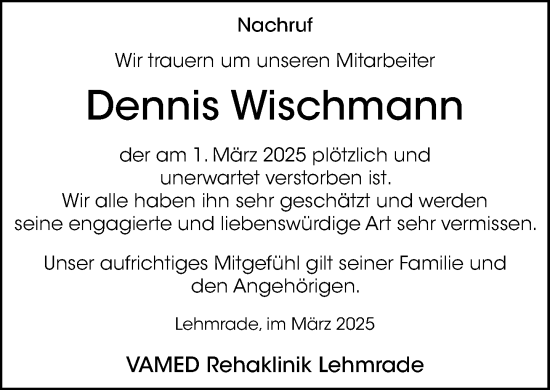 Traueranzeige von Dennis Wischmann von MARKT Ratzeburg/Mölln