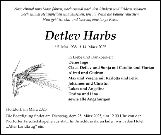 Traueranzeige von Detlev Harbs von Schleswig-Holsteinische Landeszeitung