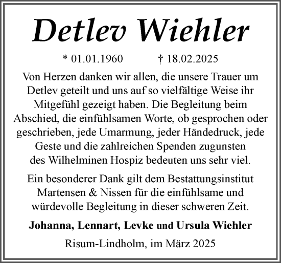 Traueranzeige von Detlev Wiehler von Region Flensburg