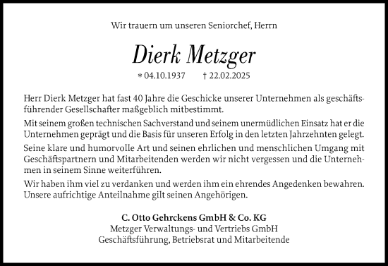 Traueranzeige von Dierk Metzger von Region Pinneberg und tip Pinneberg