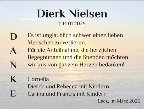 Traueranzeige von Dierk Nielsen von Husumer Nachrichten, Nordfriesland Tageblatt