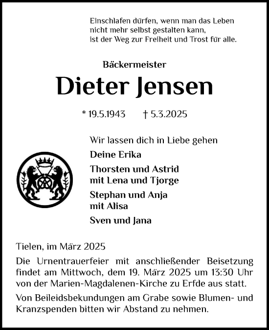 Traueranzeige von Dieter Jensen von Schleswig-Holsteinische Landeszeitung