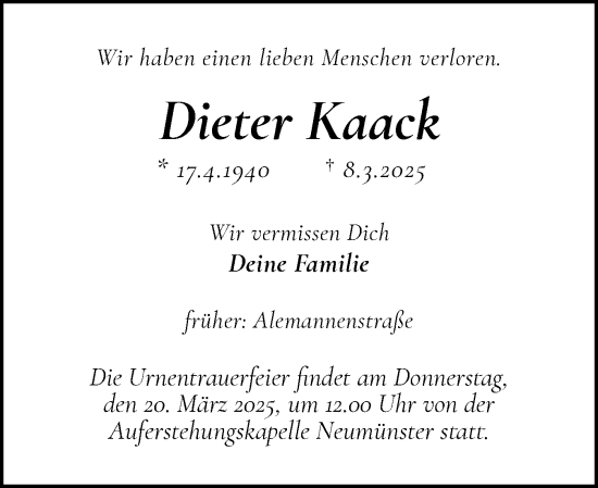 Traueranzeige von Dieter Kaack von Holsteinischer Courier