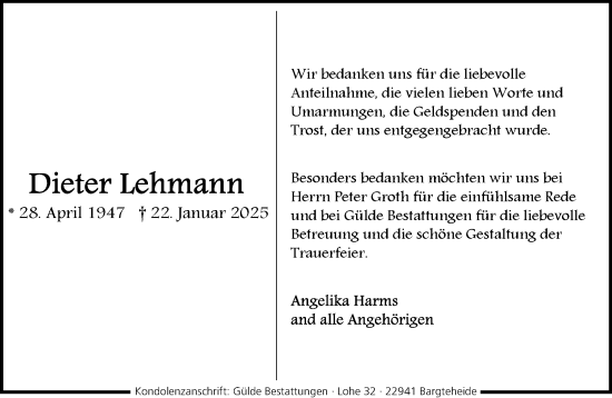 Traueranzeige von Dieter Lehmann von MARKT Ahrensburg/Bargteheide/Trittau und Stormarner Tageblatt