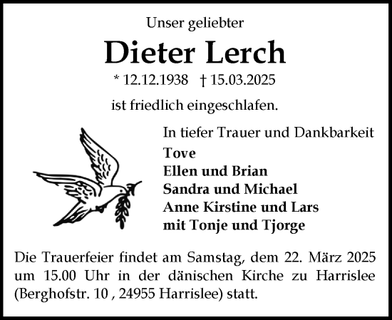 Traueranzeige von Dieter Lerch von Schleswiger Nachrichten, Schlei-Bote