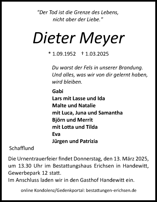 Traueranzeige von Dieter Meyer von Flensburger Tageblatt