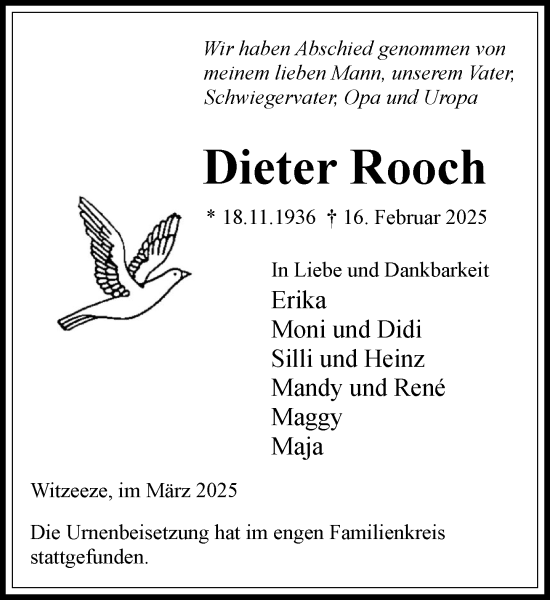 Traueranzeige von Dieter Rooch von Wochenend Anzeiger