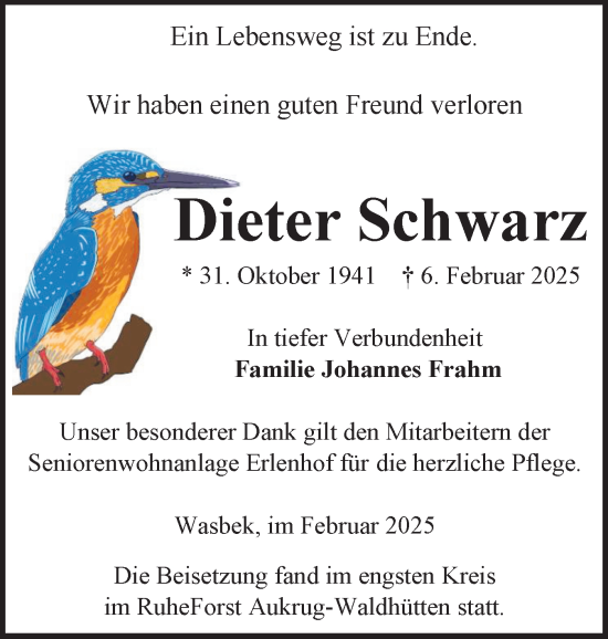 Traueranzeige von Dieter Schwarz von Holsteinischer Courier