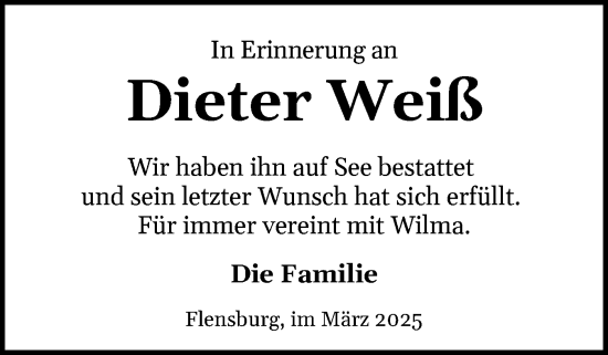 Traueranzeige von Dieter Weiß von Flensburger Tageblatt