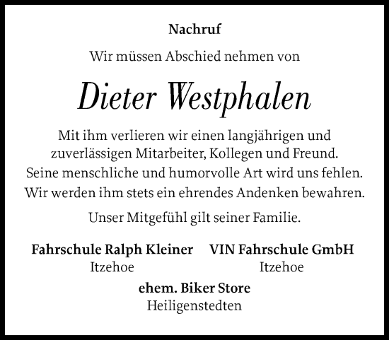 Traueranzeige von Dieter Westphalen von Norddeutsche Rundschau, Wilstersche Zeitung, Glückstädter Fortuna