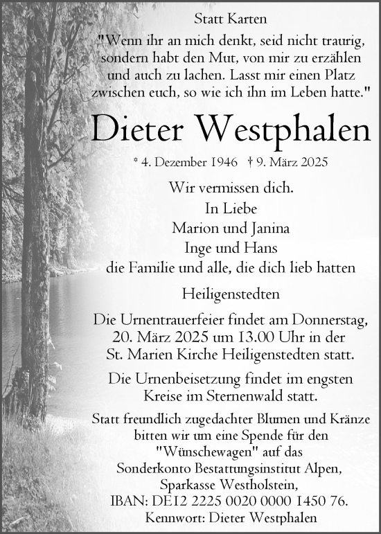 Traueranzeige von Dieter Westphalen von Norddeutsche Rundschau, Wilstersche Zeitung, Glückstädter Fortuna