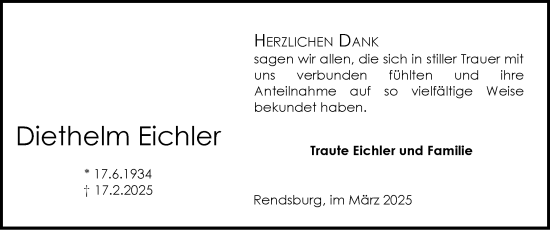 Traueranzeige von Diethelm Eichler von Schleswig-Holsteinische Landeszeitung