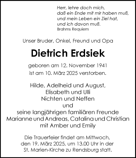 Traueranzeige von Dietrich Erdsiek von Schleswig-Holsteinische Landeszeitung