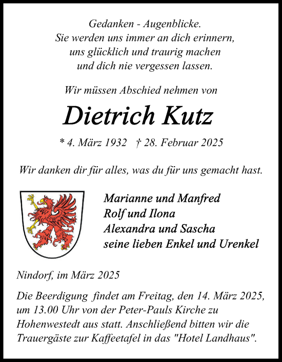 Traueranzeige von Dietrich Kutz von Schleswig-Holsteinische Landeszeitung