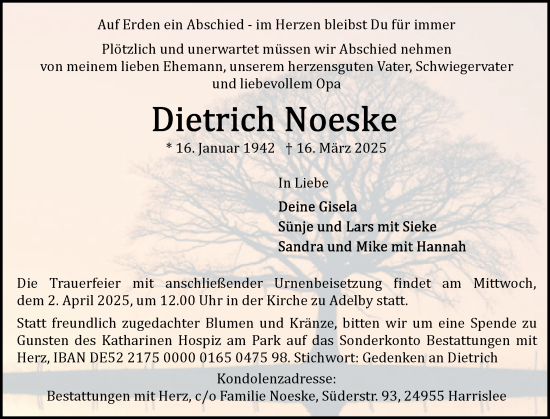 Traueranzeige von Dietrich Noeske von Flensburger Tageblatt