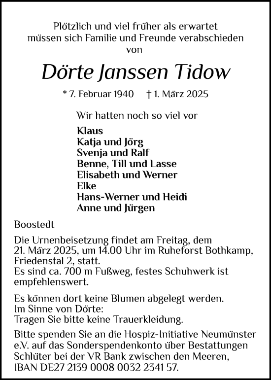 Traueranzeige von Dörte Janssen Tidow von Holsteinischer Courier