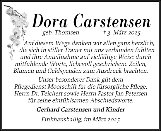 Traueranzeige von Dora Carstensen von Husumer Nachrichten, Nordfriesland Tageblatt