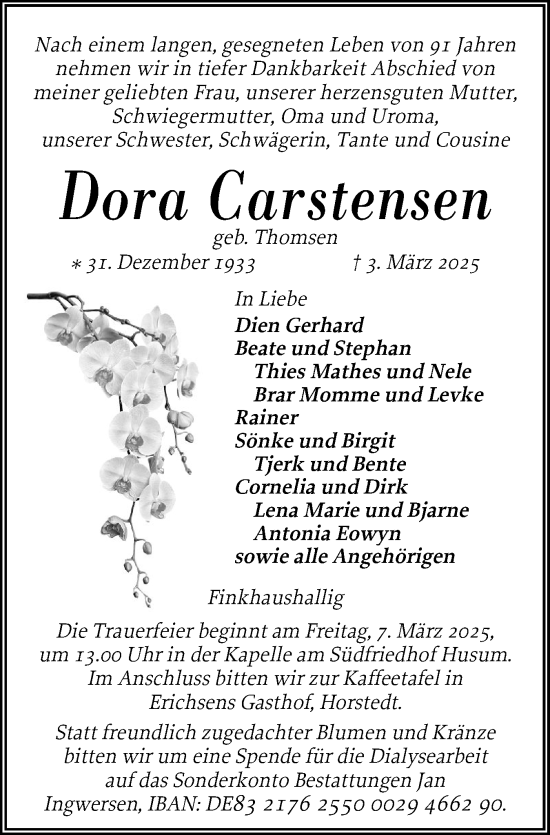 Traueranzeige von Dora Carstensen von Husumer Nachrichten, Nordfriesland Tageblatt