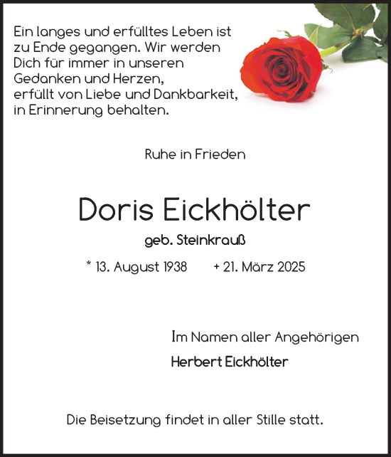 Traueranzeige von Doris Eickhölter von Region Pinneberg und tip Pinneberg